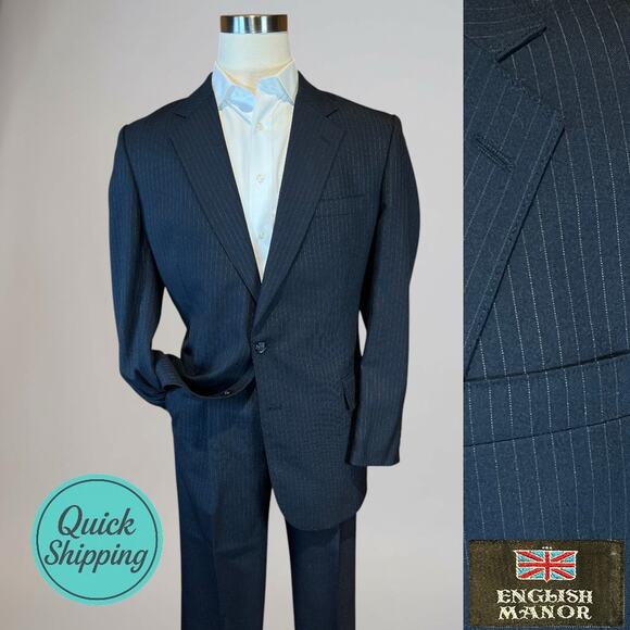 English Manor Other - Vintage English Manor 42L 36x31 Navy Blue Pinstripe Suit Light Flannel Finish